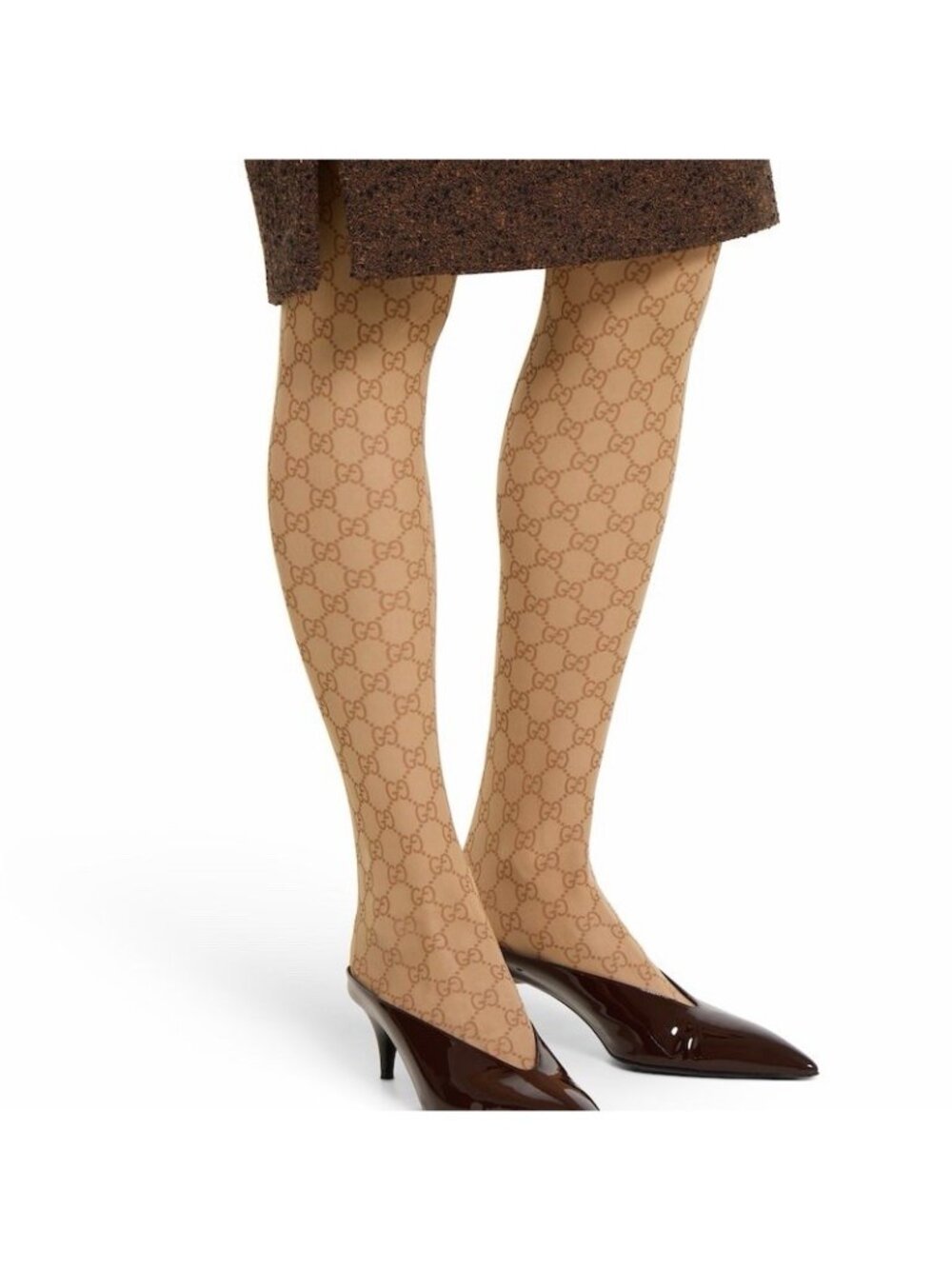 NWT GUCCI Printed Stretch Nylon Tights Sz L GG Brown 100% Authentic